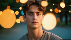 Medium close-up portrait at dusk with warm side light; subject’s eyes in sharp focus while background string lights and streetlamps form smooth circular bokeh, with slight foreground leaf blur in a softly blurred city park.