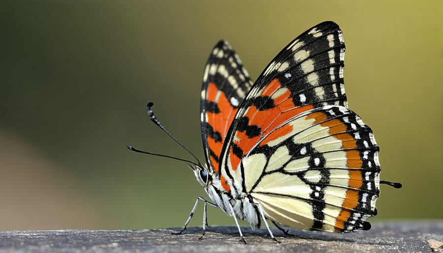 Extreme close-up macro photograph of orange butterfly on purple flower showing wing detail