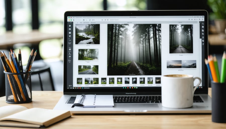 Photographer reviewing client photo gallery on tablet with organized digital interface
