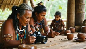 An Indigenous community member and a photographer sit at a wooden table, reviewing images on a camera under soft window light, with a blurred community room in the background, conveying respectful collaboration and ongoing consent.