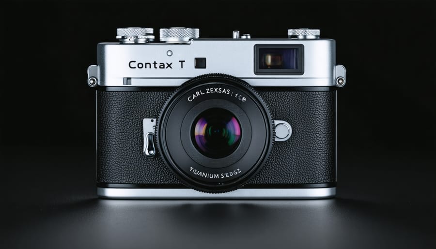 Close-up of Contax T2 vintage camera being held, showing premium lens and titanium body construction