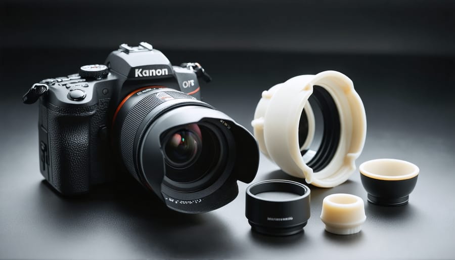 Professional camera with custom 3D printed lens hood and ergonomic grip
