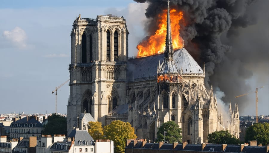 Notre-Dame Cathedral showing damage from fire with visible structural impact