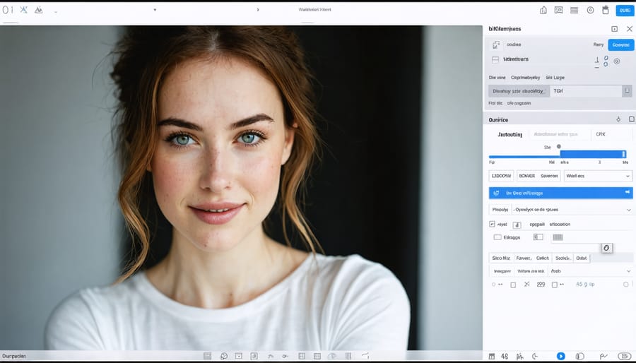 Photographer working at desktop computer editing photos with AI composition software