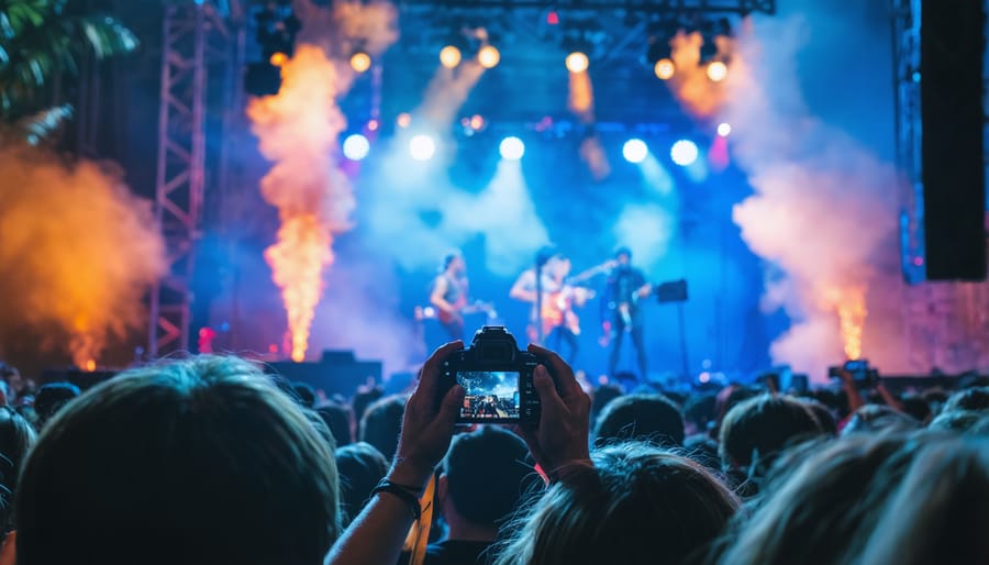 Modern digital camera with telephoto lens photographing music festival stage performance