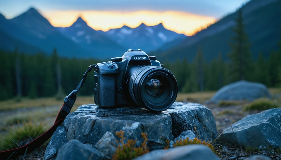 DSLR camera on tripod in snowy wilderness under starry night sky