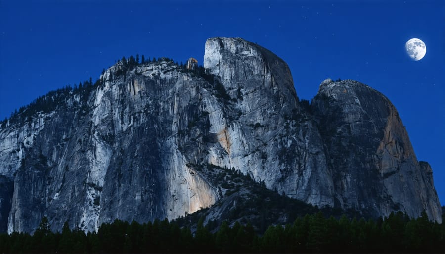 El Capitan illuminated by moonlight with star trails in night sky