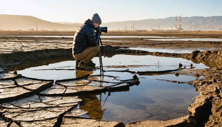 Photographer with tripod on cracked reservoir shoreline at sunset, composing a shot of a receded waterline, with distant smokestacks and hazy hills in the background.
