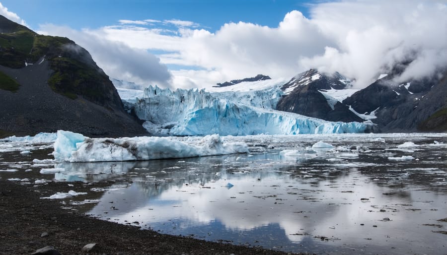 Photographer with tripod documenting glacial landscape in harsh weather conditions