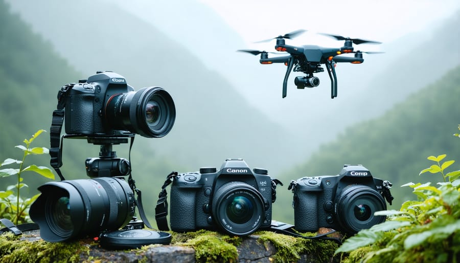 Environmental photography equipment including weather-sealed camera, lenses, and drone laid out on wooden surface
