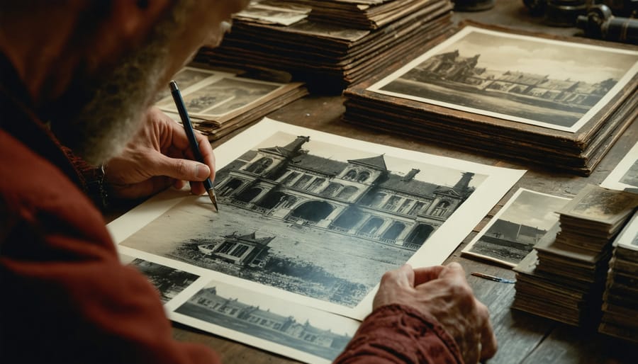 Hands holding vintage architectural photographs on archive research table