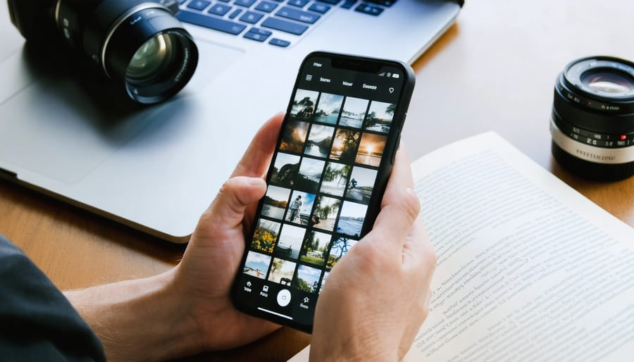 Hand holding an unbranded smartphone displaying a grid of photo thumbnails with no visible text, lit by soft window light, with a blurred camera, laptop, and notebook in the background.
