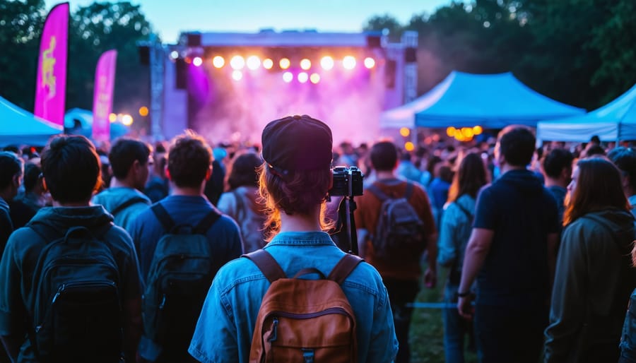 Over-the-shoulder view of a festival photographer at dusk, focusing a mirrorless camera on a brightly lit stage, with a vintage 35mm camera on their shoulder and blurred dancers, flags, and tents in the background under colorful haze.