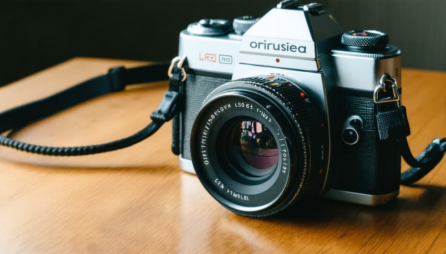Film camera with developed photo negatives on wooden table in natural lighting