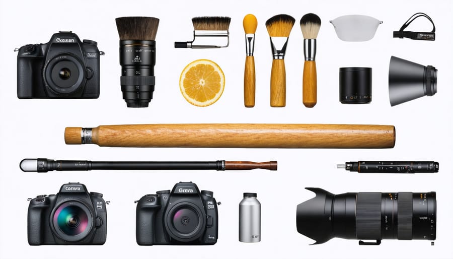 Flat lay of food photography equipment including camera, lenses, reflectors, and styling props