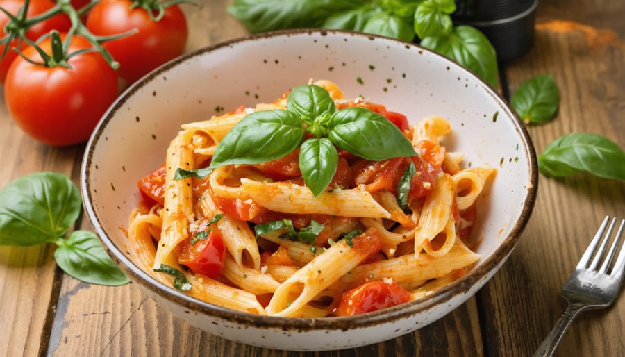 Styled tomato-basil pasta in a ceramic bowl lit by soft window light, with a white bounce card filling shadows and a tripod-mounted camera and instructor’s hand adjusting a reflector in the blurred background.