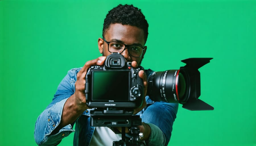 Filmmaker setting up green screen backdrop with professional lighting equipment