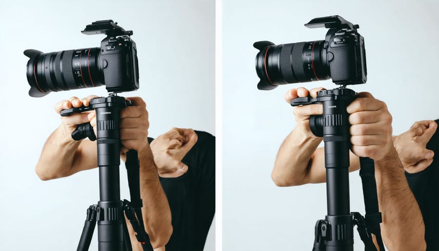 Videographer demonstrating proper handheld camera technique with stable stance