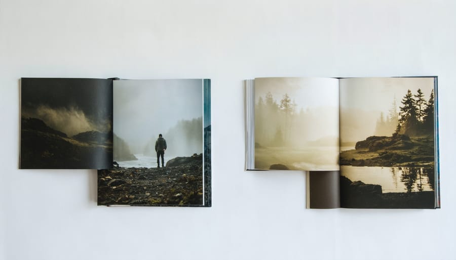 Overhead view of handmade photo zine with black and white photographs laid open on wooden table