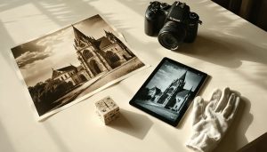 Top-down oblique view of a conservation studio table with sepia and black-and-white cathedral photos surrounding a tablet displaying a text-free 3D point-cloud model, alongside a DSLR camera, calibration checker cube, and cotton gloves; soft daylight, archival shelves blurred in the background.