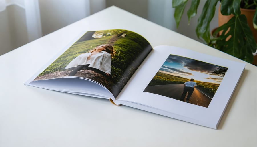 Inkjet printer producing photo zine pages on home office desk