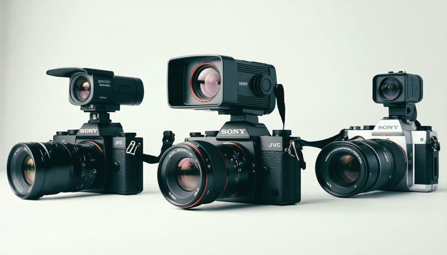 Three vintage 1970s video cameras displayed together showing different models