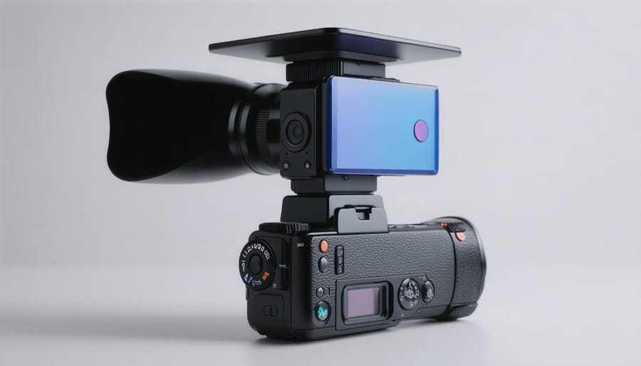 Professional camera on tripod photographing mountain landscape with AI composition assistance