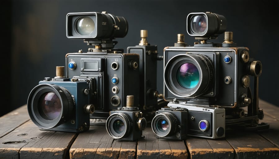 Close-up of conservator's hands in gloves examining vintage video camera components