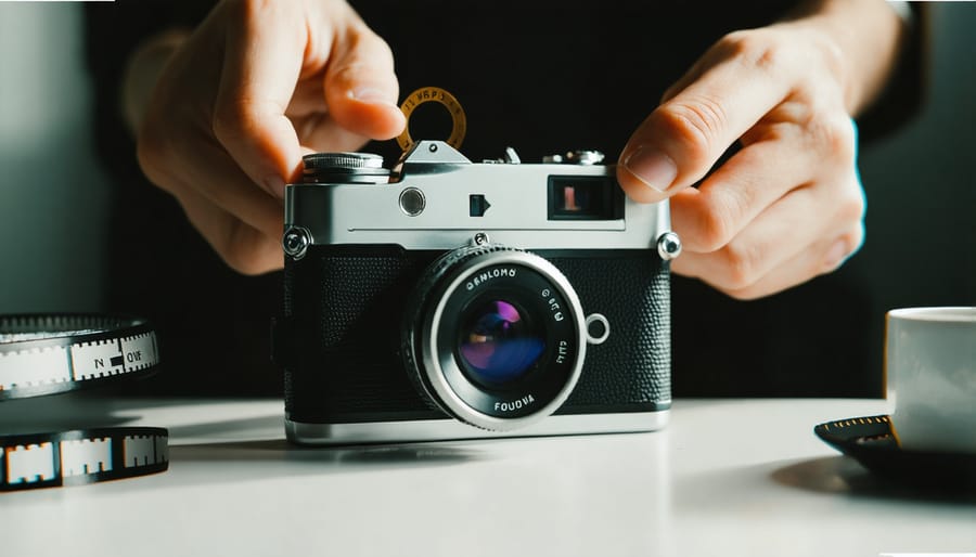 Hands loading 35mm film into vintage pocket camera with film boxes on wooden table