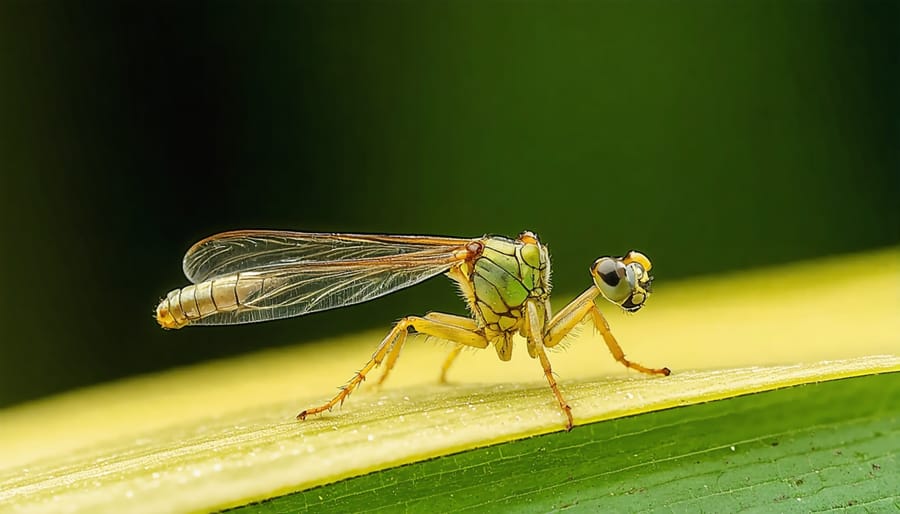 Detailed macro photograph of iridescent beetle on bark showing compound eye detail