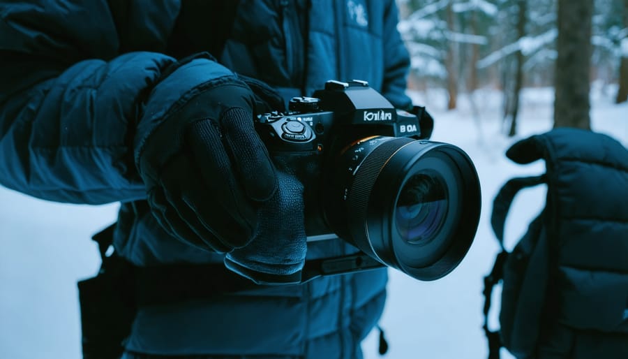 Photographer's gloved hands adjusting DSLR camera settings under red headlamp light