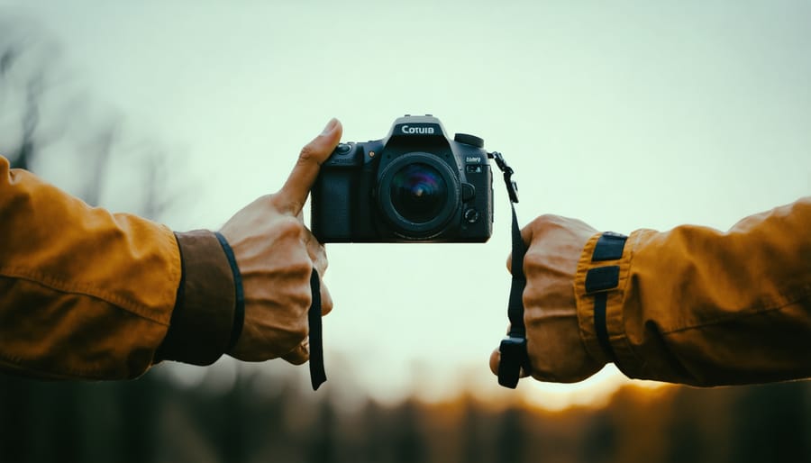 Close-up of hands adjusting manual focus ring on professional video camera lens