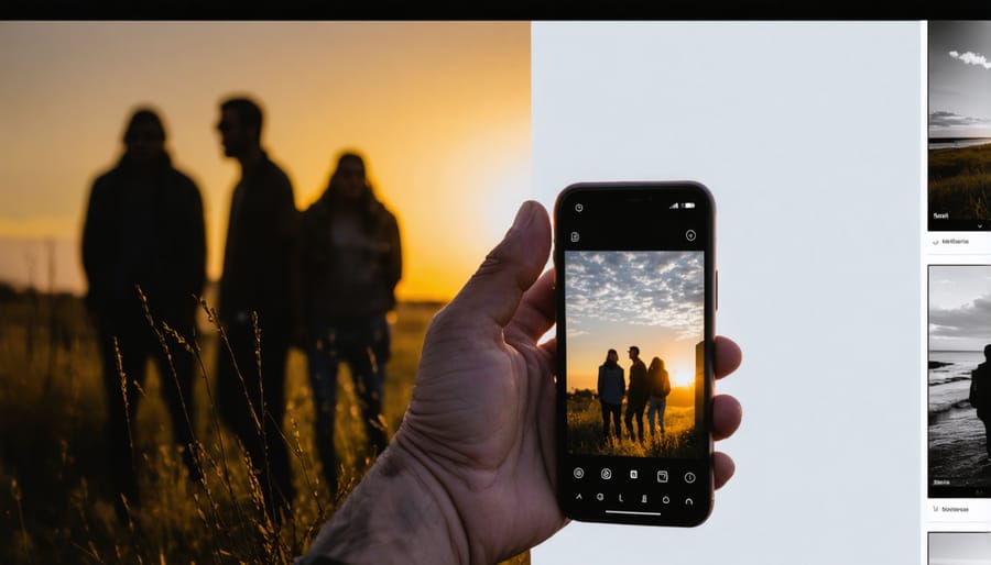 Client reviewing photographer's proofing gallery on smartphone in outdoor setting