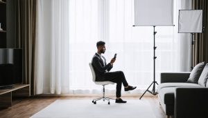 Smartphone on tripod photographing a seated person near a window, with a white shower curtain diffuser, a 45-degree white poster board bounce, and a black foam board for negative fill in a modern living room.