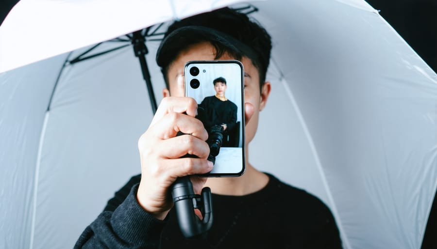 Smartphone photographer shooting a portrait lit by a white umbrella at a 45-degree angle in a home studio, with a ring light blurred in the background.