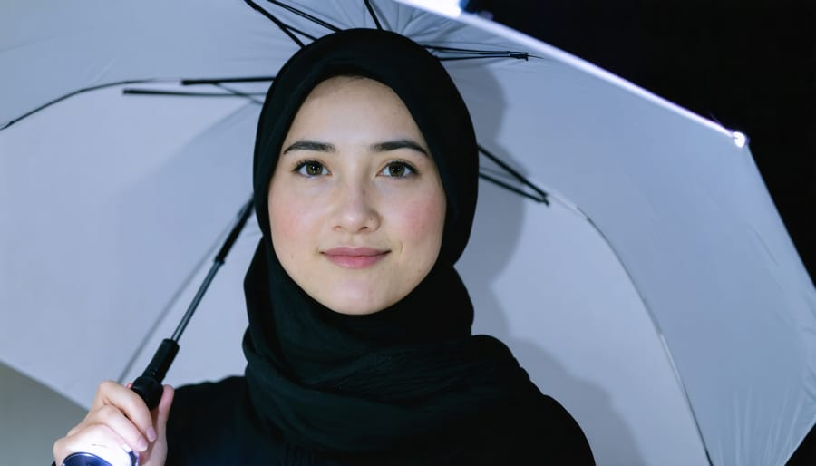 Portrait subject illuminated by umbrella lighting being photographed with mobile phone