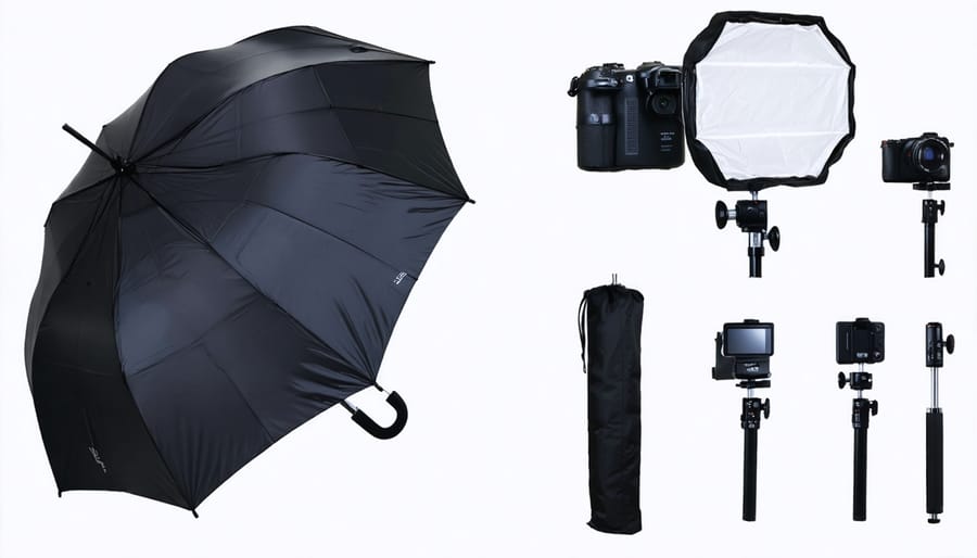 Overhead view of photography umbrella setup with smartphone on tripod and lighting equipment