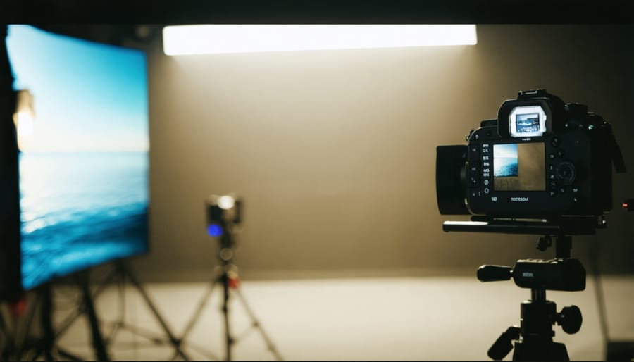 Camera display showing motion tracking markers on subject during video production