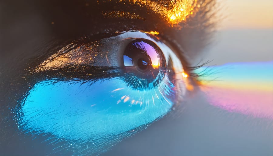 Front element of camera lens showing rainbow-colored anti-reflective coating