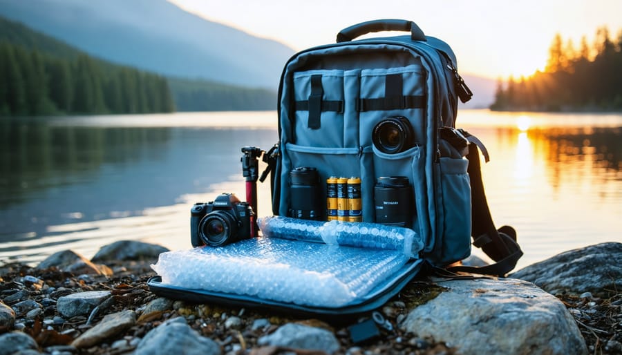 Open camera backpack on a rocky lakeshore at sunrise showing bubble wrap, disposable batteries, cloth wraps, rechargeable batteries, and a small solar charger; photographer on tripod by mountain lake; faint airplane contrail overhead.