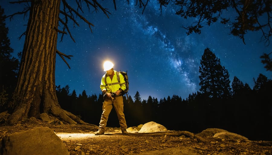 Photographer using red headlamp while shooting night sky in Yosemite wilderness