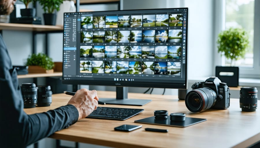 Photographer using a pen tablet at a desk while reviewing a grid of photo thumbnails on a large monitor, with camera and lenses nearby, softly lit by window light and blurred studio shelves in the background.