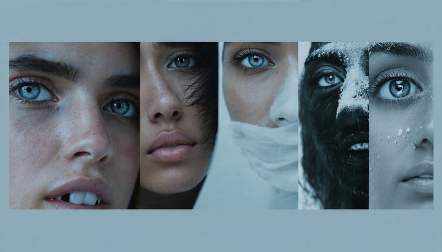 Photographer's hands arranging printed photographs in sequence on white surface