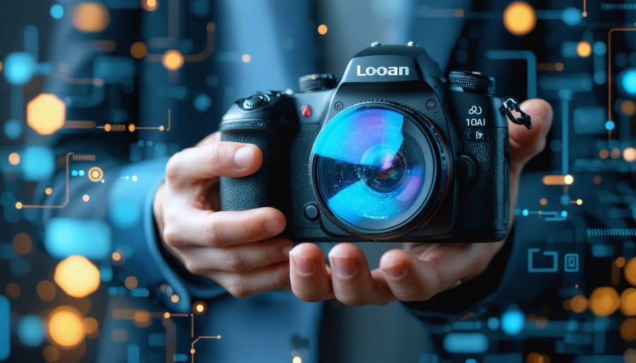 Photographer entering information on laptop with professional camera equipment nearby
