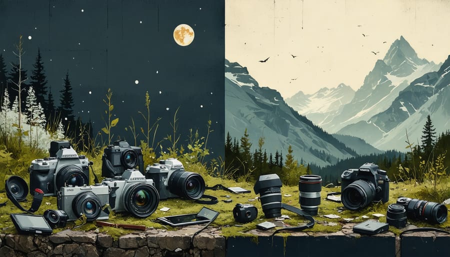 Abandoned camera equipment and electronic waste on forest floor surrounded by moss and natural vegetation