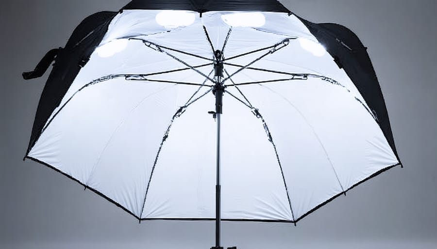 White photography umbrella with LED light showing soft light diffusion setup