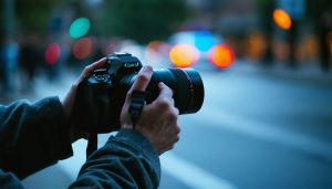Eye-level close-up of a photojournalist’s hands holding a DSLR, finger hovering over the shutter, with blurred urban emergency lights and indistinct figures in the background, conveying ethical hesitation.