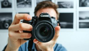 Eye-level close-up of a DSLR held between a photographer and their subject, with the subject’s face reflected in the lens and a hand resting on the camera, soft window light, shallow depth of field, and a blurred gallery wall of archival black-and-white and contemporary color photos in the background.