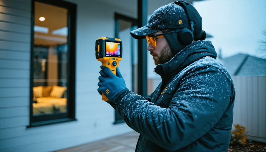 Home inspector using professional handheld thermal camera to scan electrical panel