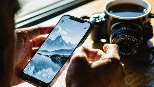 Hands swiping to adjust a landscape photo on a smartphone, lit by soft window light with a blurred coffee cup and city street in the background.